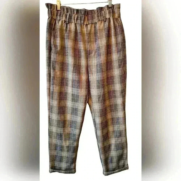 LUMIERE Womens Pants Ruffled Elastic Waist Cuffed Trousers Plaid Sz Large - Picture 1 of 7